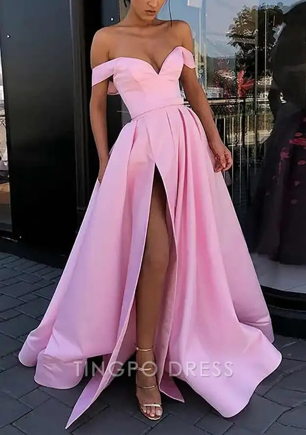 TingPo Wholesale Elegant A-line Off-the-Shoulder Strapless Long/Floor-Length Satin Prom Dress With Split